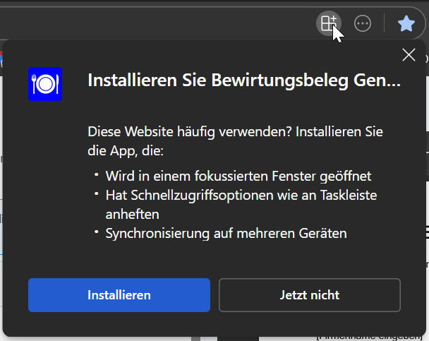 Installation des Bewirtungsbeleg-Generators über den Browser
