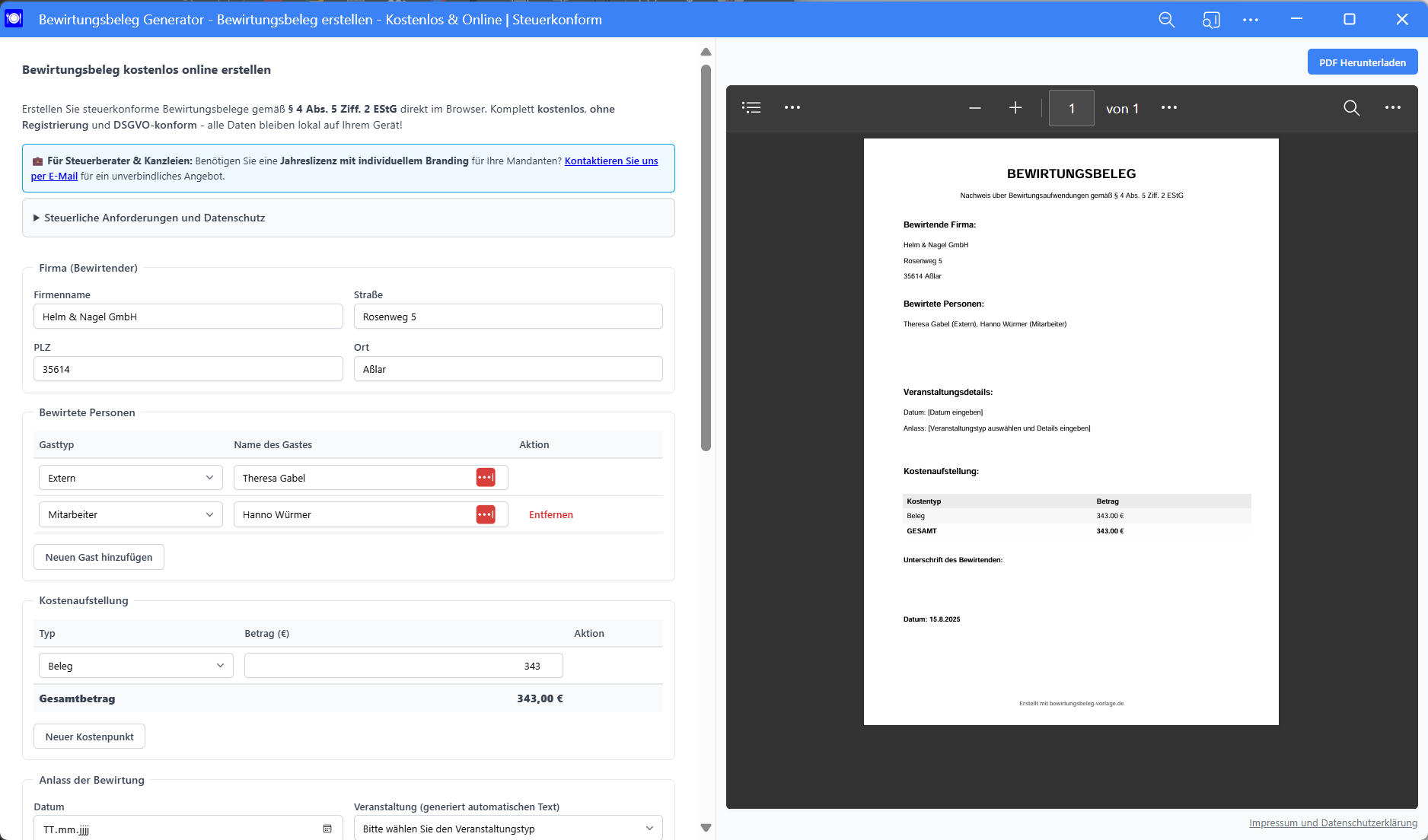 Bewirtungsbeleg-Generator als installierte Desktop-App